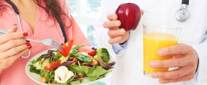 Salad, juice, apples, doctors