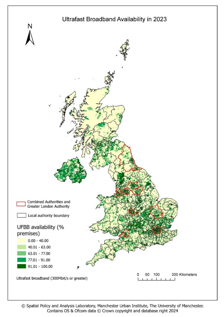 A map detailing Ultrafast broadband availability by output area in the UK.