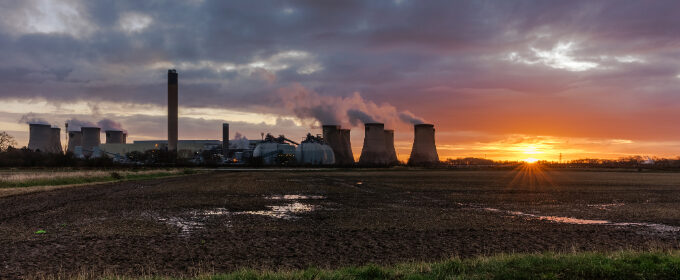 Carbon capture facility in Yorkshire UK at sunset