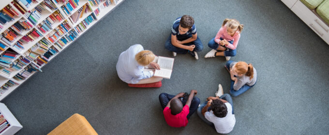 children in school library