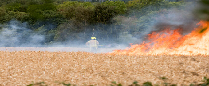 firefighter tackling fire in field