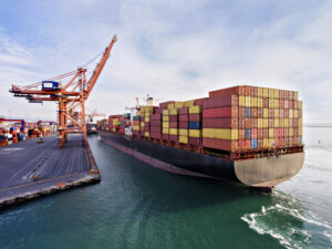 Aerial view of a cargo ship in transit