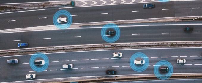 Birds-eye-view of a motorway with travelling cars