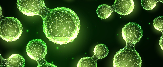 An illustrated image of multiple model green hydrogen molecules