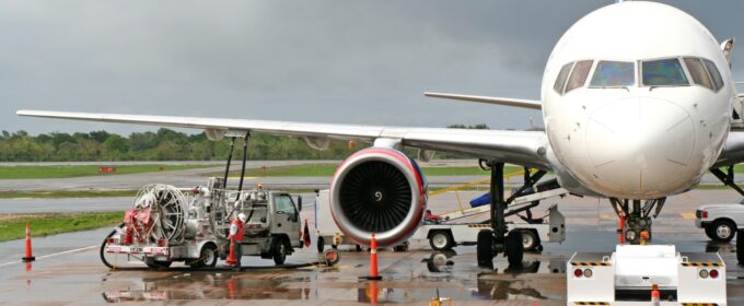 Picture of an airplane being refuelled at an airport.