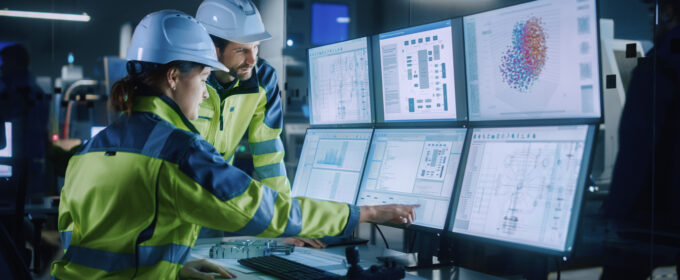 Industry 4.0 Modern Factory: Project Engineer Talks to Female Operator who Controls Facility Production Line, Uses Computer with Screens Showing AI, Machine Learning