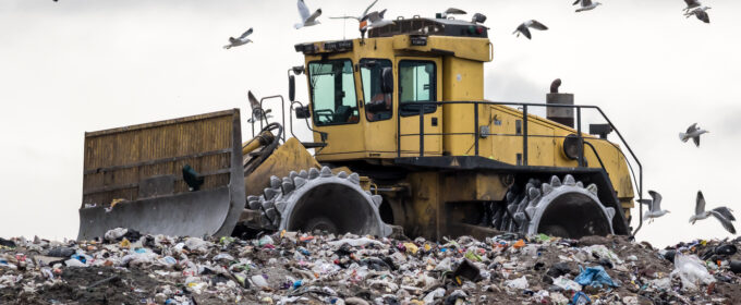 Landfill bulldozer on a pile of rubbish
